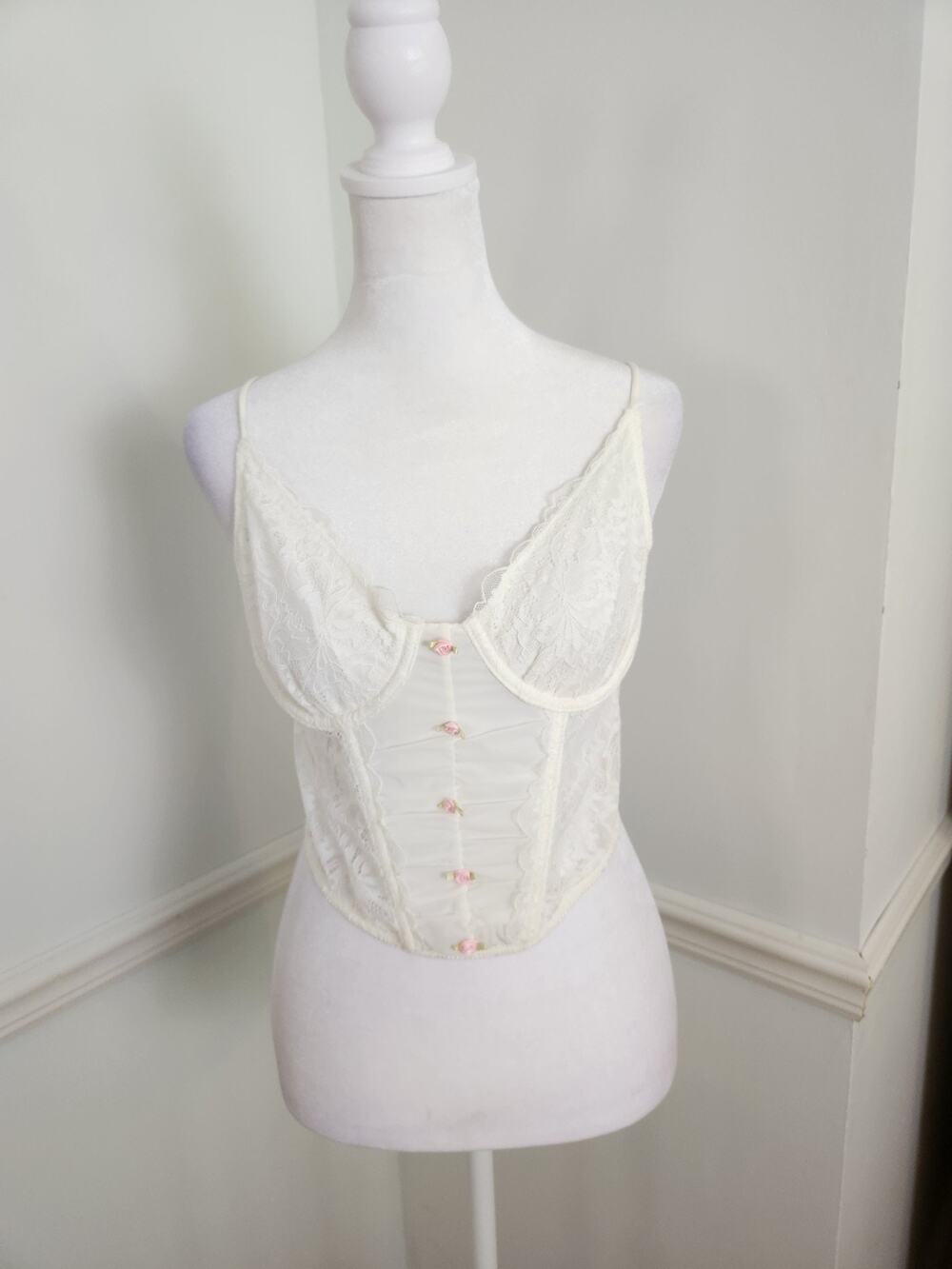 Out From Under Corset Cami Top Medium Lace OffWhite Rose Sheer Crop Coquette